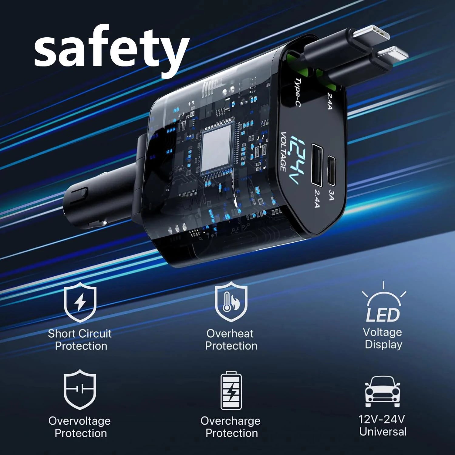 شاحن سيارة 4 في 1 | شحن سريع 120 واط | كابلات قابلة للسحب | iOS و Type-C